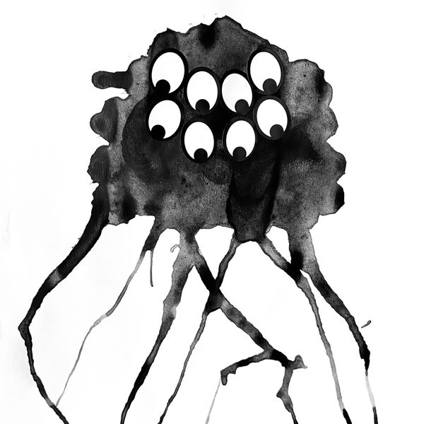 An ink painting of a creature with 8 eyes.