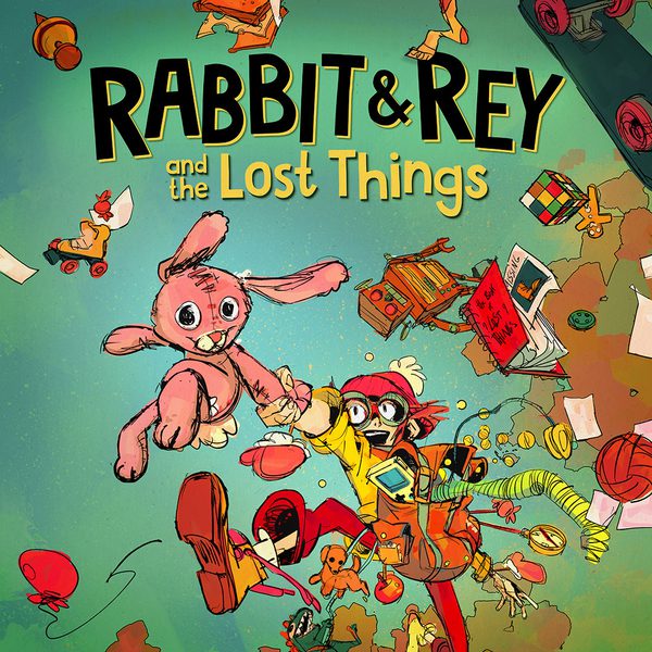 An illustration of a child dressed in red and yellow holding the hand of a stuffed rabbit, leaping over a wasteland and surrounded by dustclouds and various children's items.