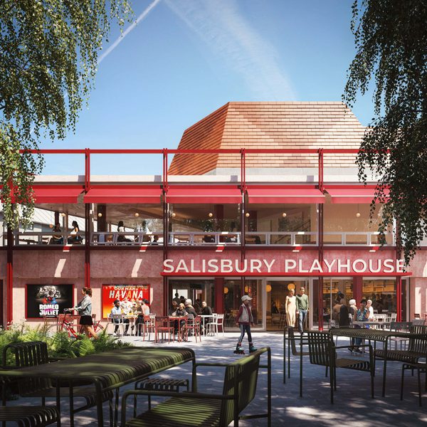 An artist's impression of the exterior of Salisbury Playhouse with a red-framed façade and large glass windows, showing café tables and chairs in a paved courtyard where people are seated and walking.