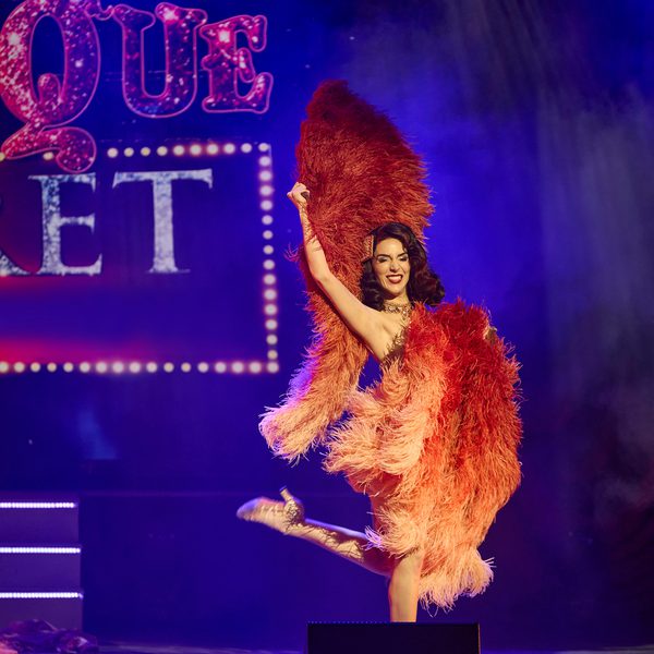 A burlesque performer onstage, holding two large pink and red feathered fans over her body.