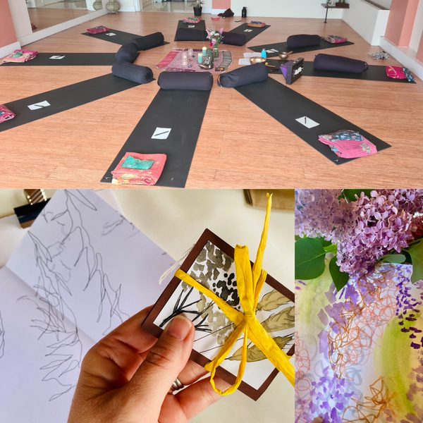 A collage of images related to mindfulness - yoga mats, a drawing wrapped in twine, and a plant.