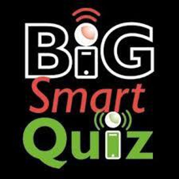 Big Smart Quiz logo with the words “Big Smart Quiz” in white, red and green on a black background, with the i rendered as a smart phone with red and green signal waves.