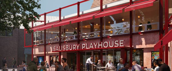 An artist's impression of the exterior of Salisbury Playhouse with a red-framed façade and large glass windows, showing café tables and chairs in a paved courtyard where people are seated and walking.