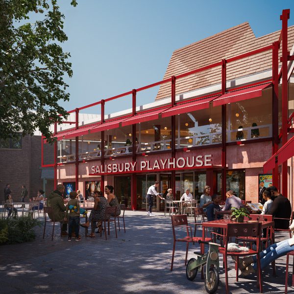 An artist's impression of the exterior of Salisbury Playhouse with a red-framed façade and large glass windows, showing café tables and chairs in a paved courtyard where people are seated and walking.