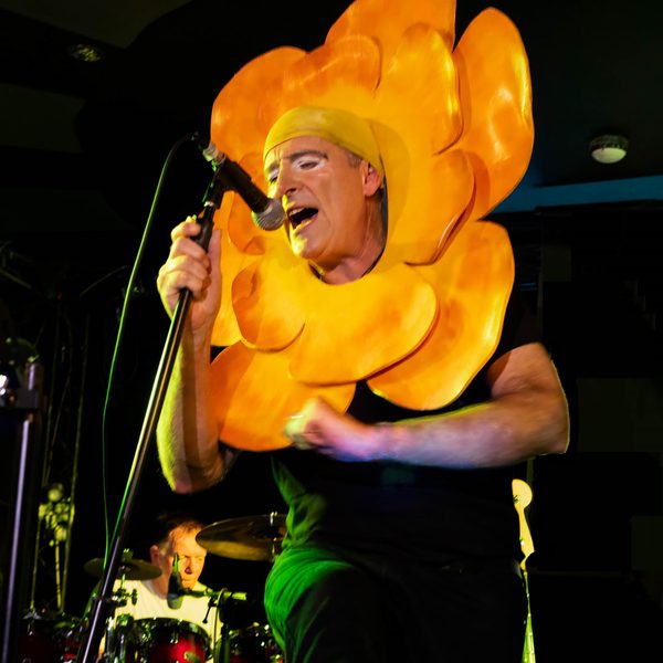 Nige Betteridge as Peter Gabriel, wearing a yellow flower costume and singing into a microphone.