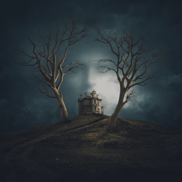 A large house on a barren hill, with two bare trees on either side on it. The sky is grey and stormy, and the clouds form a woman's face.