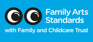 A blue background, with two eyes looking sideways. Family Arts Standards with Family and Childcare Trust