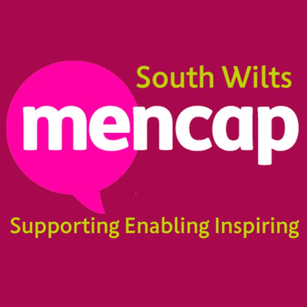 South Wilts Mencap logo with “mencap” in a pink speech bubble and the slogan “Supporting Enabling Inspiring” on a magenta background.