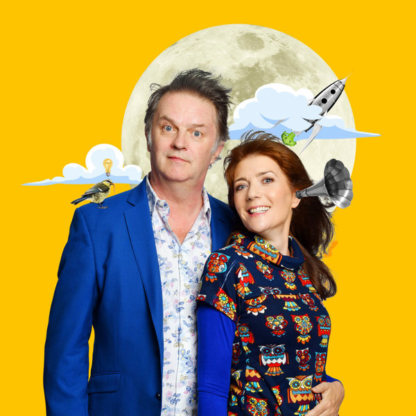 Paul Merton and Suki Webster in front of a yellow background with the moon and cartoon drawings of clouds, a lightbulb, a rocket with a piece of broccoli sticking out of it, a gramophone horn coming out of Suki's ear and a bird on Paul's shoulder.