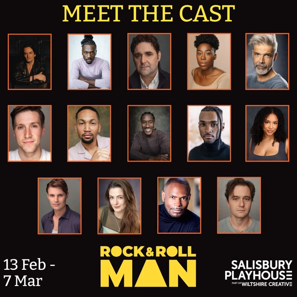 Headshots of the Rock & Roll Man cast against a black background. Text: Meet the Cast, Rock & Roll Man, 13 Feb – 7 Mar, Salisbury Playhouse.