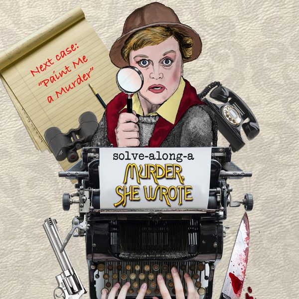 An illustration of Agatha Christie holding a magnifying glass against a cream patterned background, with a typewriter in front of her. Text: Solve-along-a-Murder-She-Wrote, Next Case: "Paint Me a Murder".