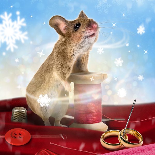 A mouse sat on a skein of red velvet holding a bobbin of red thread against a blue snowy background. Also on the velvet is a thimble, a button, two wedding rings and a needle.