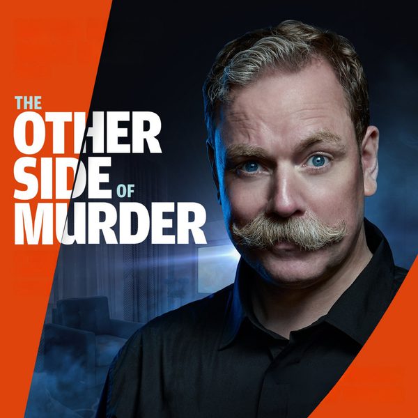 A photo of actor Rufus Hound with a quizzical expression and a large moustache, overlaid with bright orange lines and the following text: The Other Side of Murder
