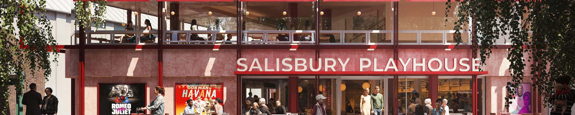 An artist's impression of the exterior of Salisbury Playhouse with a red-framed façade and large glass windows, showing café tables and chairs in a paved courtyard where people are seated and walking.