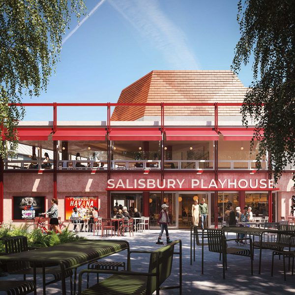 An artist's impression of the exterior of Salisbury Playhouse with a red-framed façade and large glass windows, showing café tables and chairs in a paved courtyard where people are seated and walking.