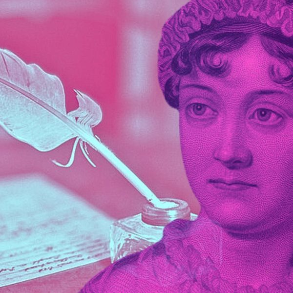 A drawing of Jane Austen with a pink overlay, next to parchment, a quill and ink bottle.
