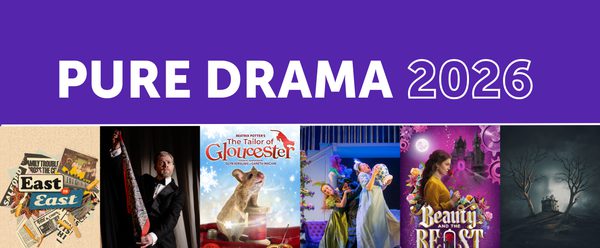Bottom: Various artworks for theatre shows in the Autumn 2026 season. Top: A purple background with text overlaid: Pure Drama 2026