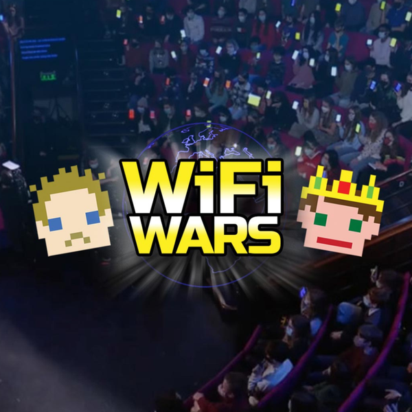 The title 'WiFi Wars' in yellow text with two pixelated cartoon heads on either side. The background is a theatre audience playing games on their phones in an auditorium.
