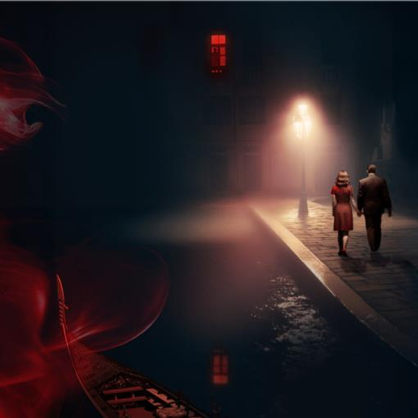 A young couple walking under a streetlight alongside a canal in Venice. An upstairs window is illuminated in red with the shadow of a person inside, the reflection of which has no person.