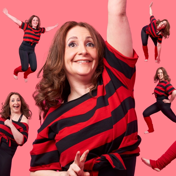 Several cutout photos of comedian Lucy Porter dressed in a red and black striped t-shirt in various joyful poses against a pink background.