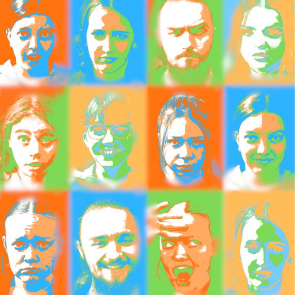 Several young people's faces in a colourful stylised retro pop-art layout.