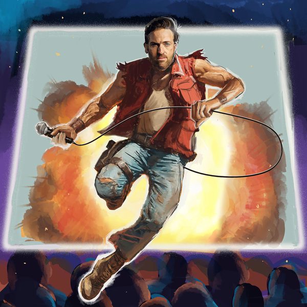 A painting style image of Russell Hicks bursting out of a cinema screen with an explosion, holding a microphone.