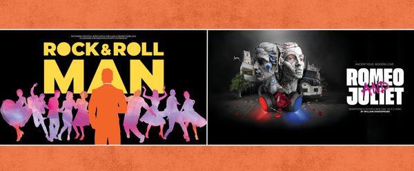 The artwork for Rock & Roll Man and Romeo & Juliet side by side with an orange background